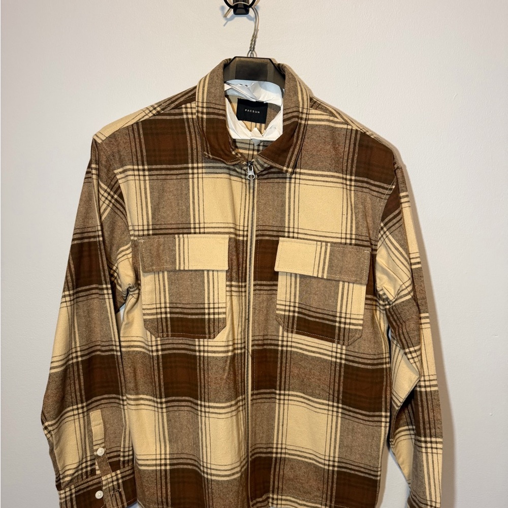 PacSun Brown & Cream Plaid Zip Front Shirt Jacket